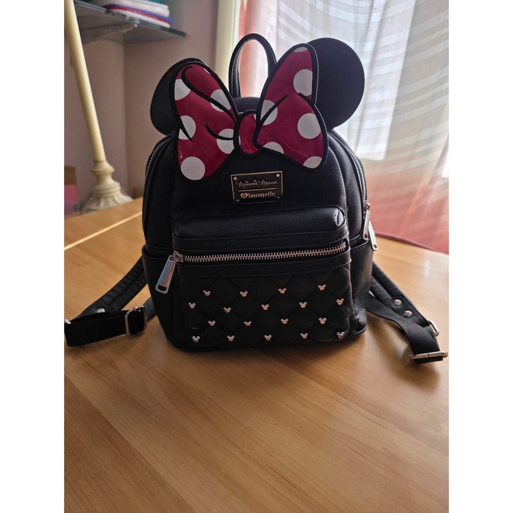 Loungefly Disney Minnie Mouse Quilted Studded Mini Backpack Black Red Bow